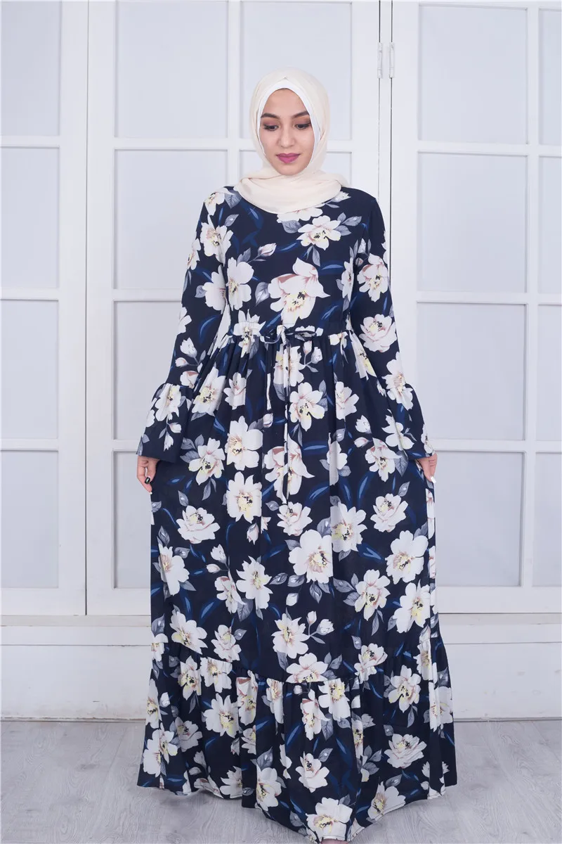 MISSJOY темно-синее длинное платье Турецкая мода мусульманский Дубай цветок абайя с длинным рукавом повседневное женское исламское кафтан Новинка для женщин