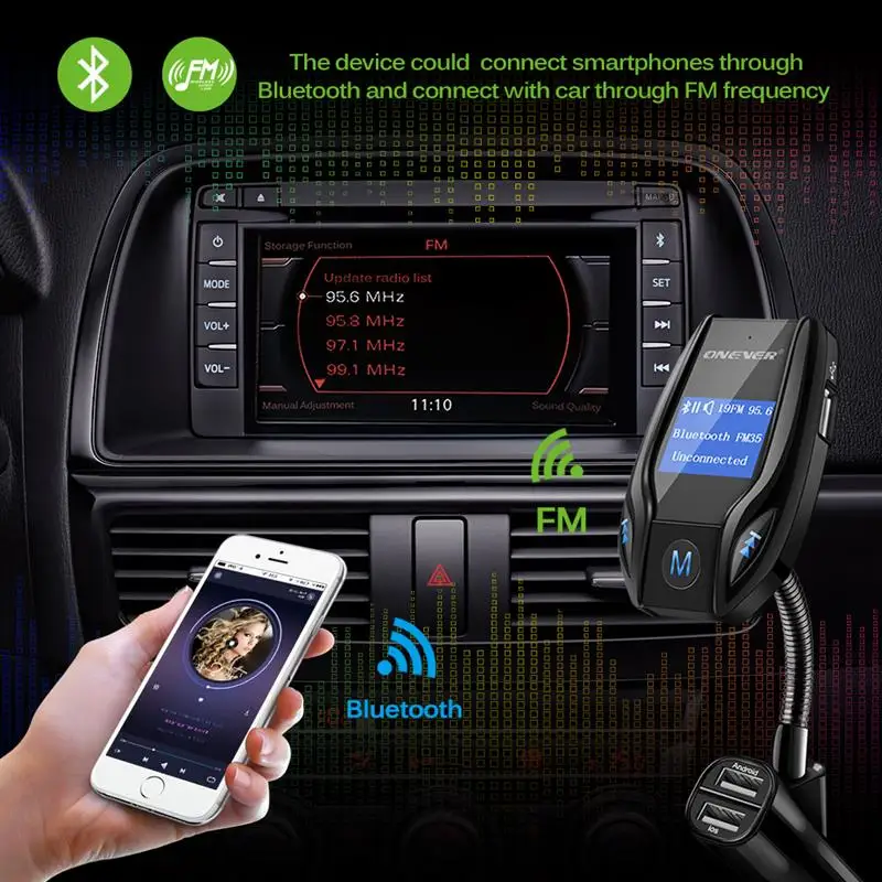 Onever fm-передатчик вращающийся Bluetooth Автомобильный MP3-плеер автомобильный комплект fm-модулятор с 3.1A 3-USB автомобильное зарядное устройство