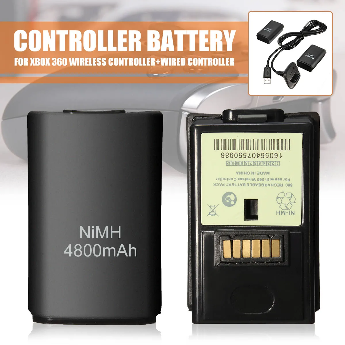

Rechargeable 2pcs 4800mAh For Xbox 360 Wireless/Wired Controller Battery Pack Kit + USB Charging Cable Black Voltage 3.7V