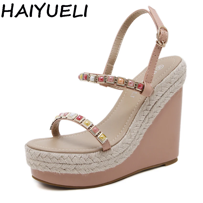 

HAIYUELI Women Bohemian Sandals Enthic String Bead Rhinestone Platform Wedge Heel Summer Shoes Straw Hemp Cane Ultra High Heels