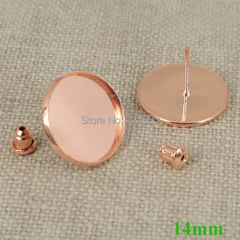 

14mm New Rose Golden Blank Bases Round Bezel Tray Pin Stud Earrings Post w/ Bullet Stopper Settings Findings Wholesale