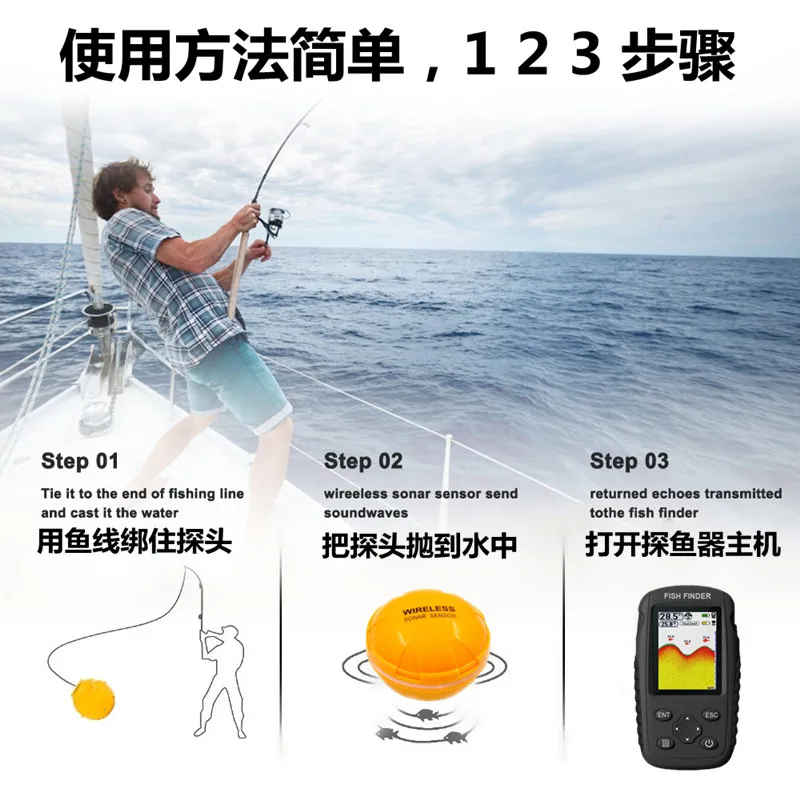 Rechargeable Waterproof Wireless Fish Finder, Fishfinder Sensor, Sonar Echo Sounder, Upgrade FF998, Russian menu, 125kHz