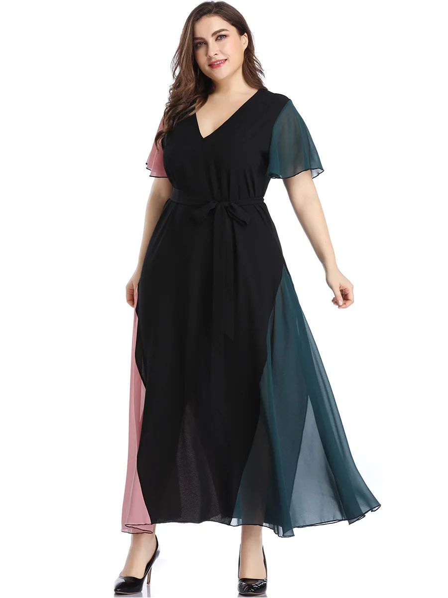 XL-5XL, летнее шифоновое длинное платье, плюс размер, женское Повседневное платье с v-образным вырезом, большой размер, лоскутное платье, 4XL, женское Свободное длинное платье макси