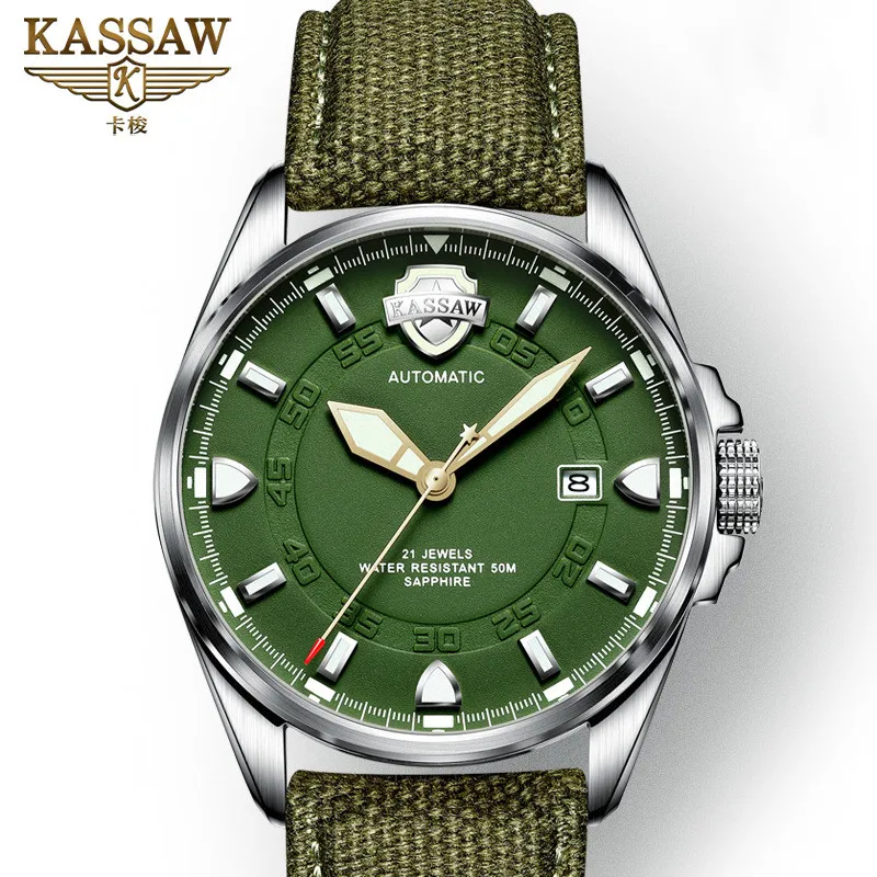 KASSAW Luminous military watch men leather automatic mechanical watch men's luxury brand sports Man Watches relogio masculino