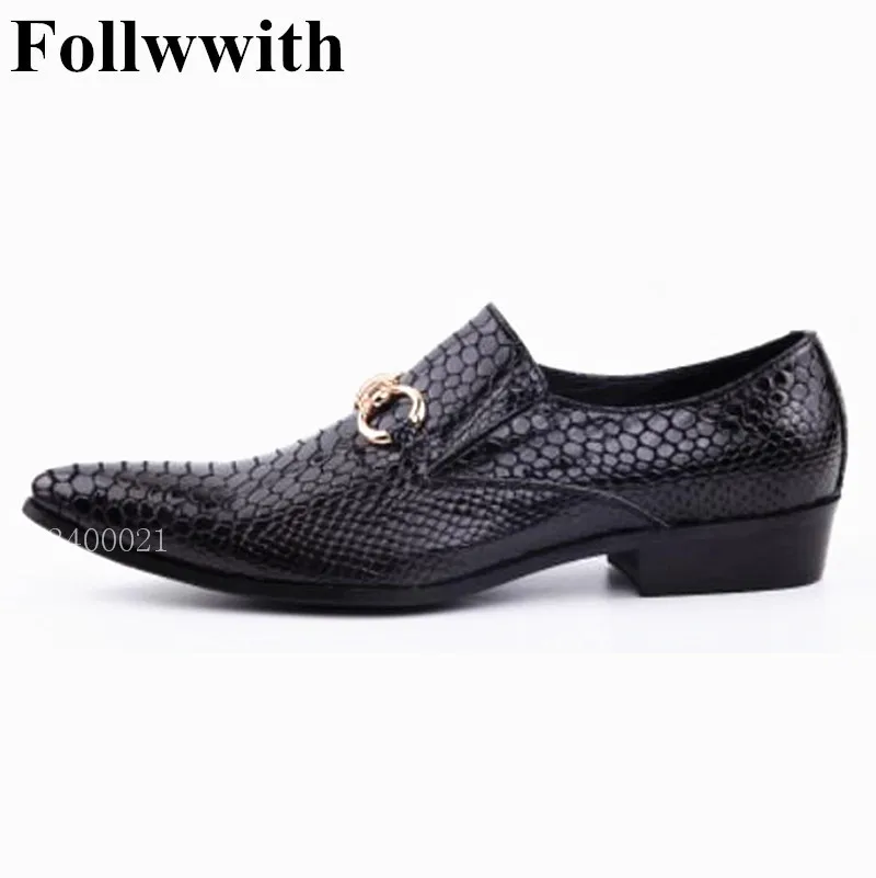 

Top Quality 2019 Black Snakeskin Leather Handmake Front Metal Buckle Men Dress Shoes Flats Slip On Wedding Business Men Shoes