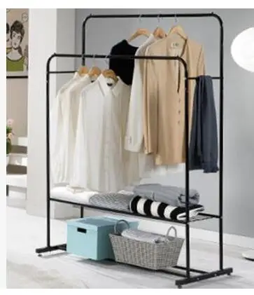 Clothes rack floor bedroom clothes and hat rack. Simple double pole type indoor hangers. Hang clothes rack..