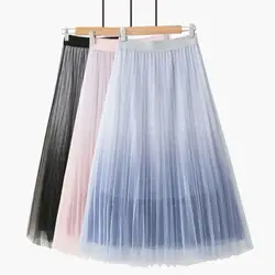 Сезон: весна–лето Новая женская юбка Koean свободные Высокая талия Градиент Цвет блестящая юбка Для женщин Повседневное Bling длинная юбка