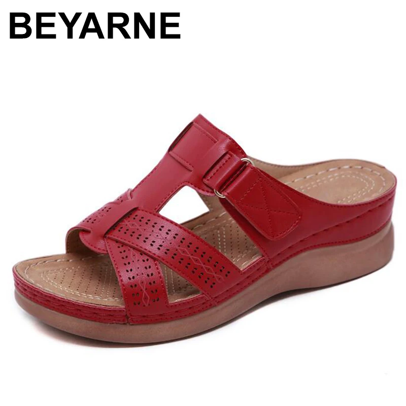 

BEYARNE Women PU Leather Shoes Comfy Platform Flat Sole Ladies Casual Soft Woman platform slippers Wedge Sandal Beach flip flops