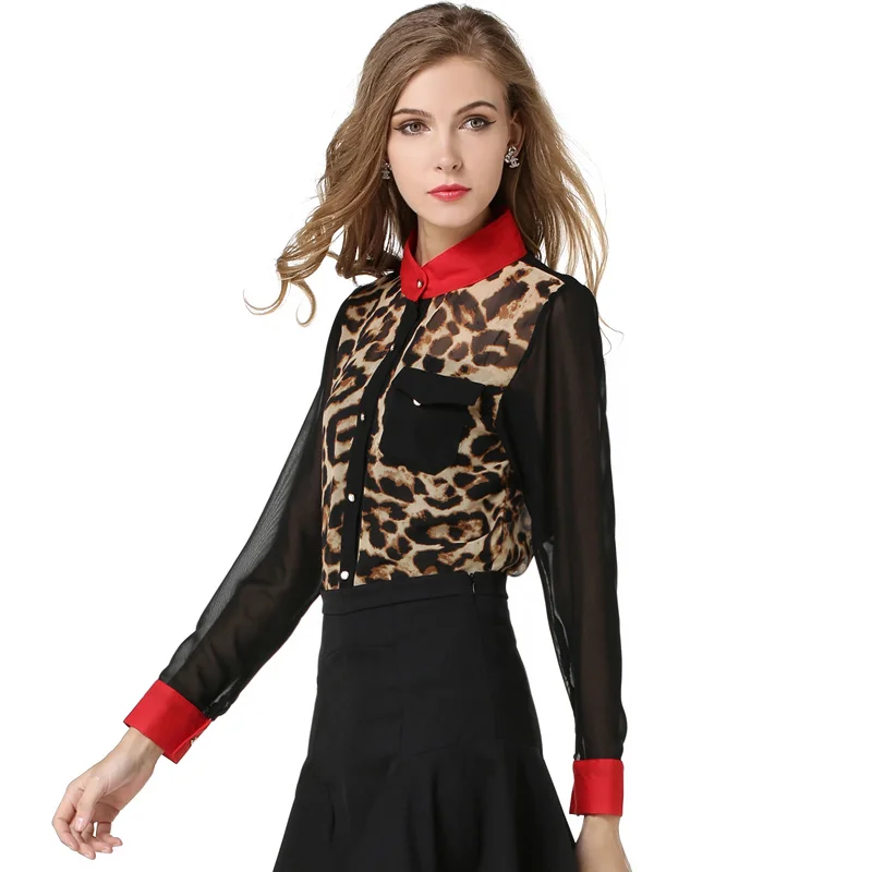 

Sexy Leopard Transparent Chiffon Shirt Women 2019 Spring Women Blouses Long Sleeve Pockets Stand Collar Patchwork Chiffon Blouse