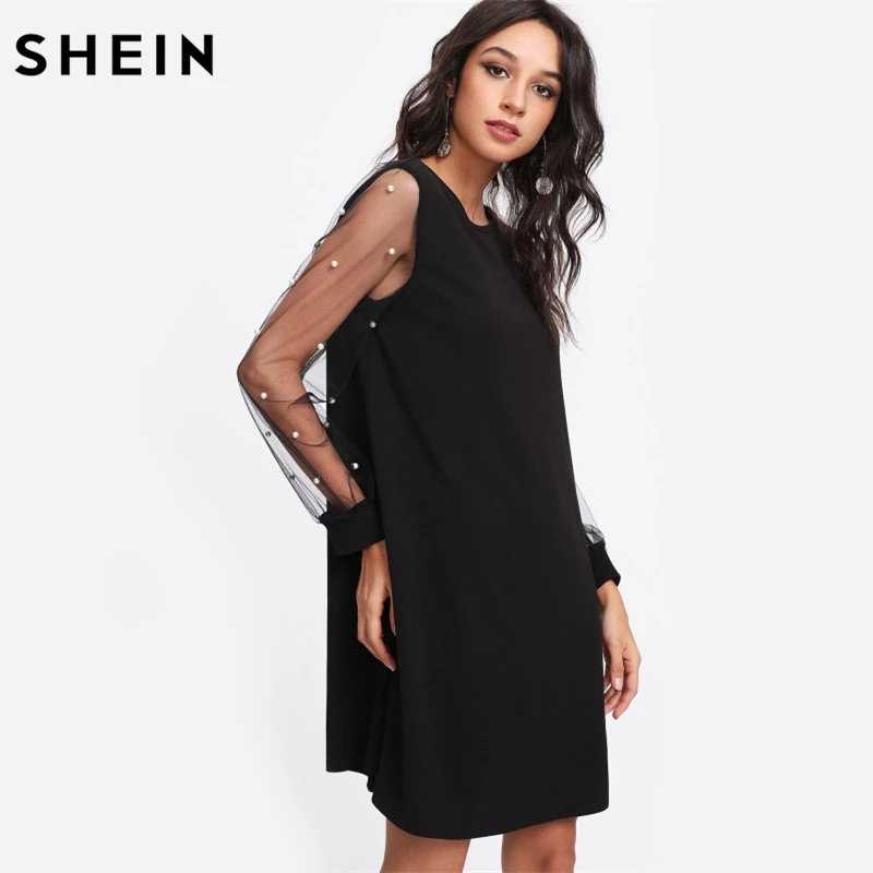 Günstige SHEIN Elegante Frauen Kleider Perle Perlen Mesh Sleeve Tunika Kleid Herbst Schwarz Boot ausschnitt Langarm EINE Linie Kleid