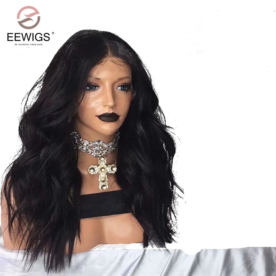 

EEWIGS 20Inch Black Wig Synthetic Lace Front Wig With Natural Hairline 180% Density Glueless Heat Resistant Wigs For Black Women