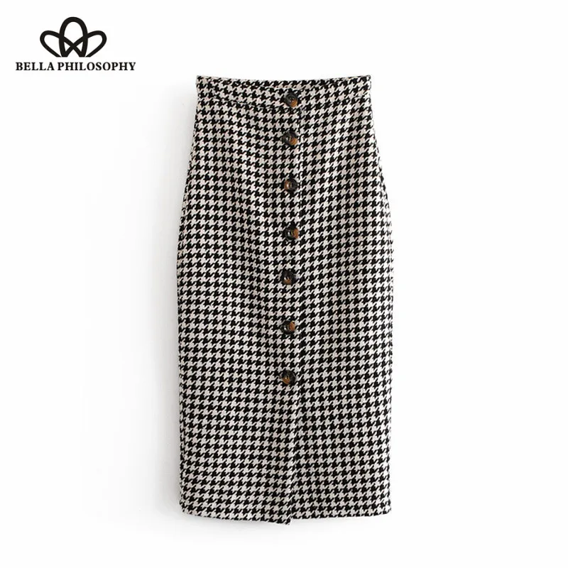 Wonder 2018 new Vintage Chic Houndstooth Buttons OL Midi Tube Skirt High Waist Office Lady Plaid Skirts Casual Faldas Mujer