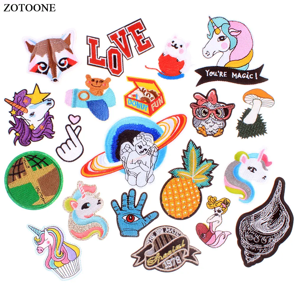 

ZOTOONE Iron on Patches for Clothing UFO Pineapple Hand Cat Unicorn Embroidery Patch DIY LOVE Cloth Badges Applique Patches E