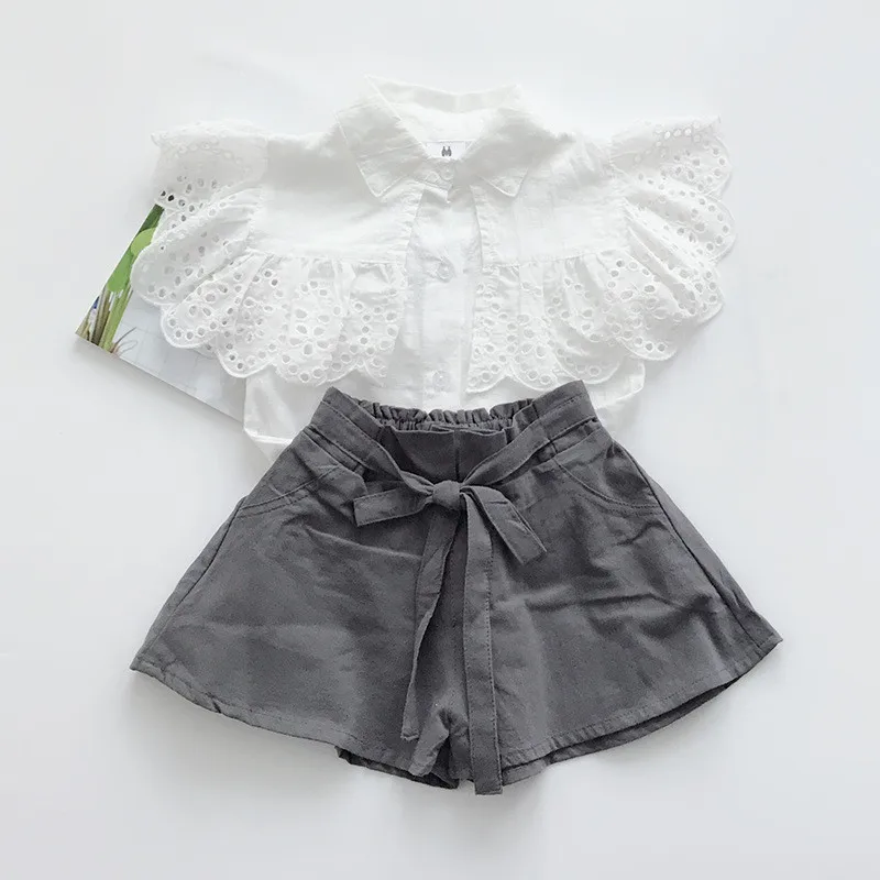 

Toddler Kids Baby Girls Outfits Summer Clothes short-sleeved ruffled lace Hollow Shirt+ butterfly band width loose Shorts 1Set