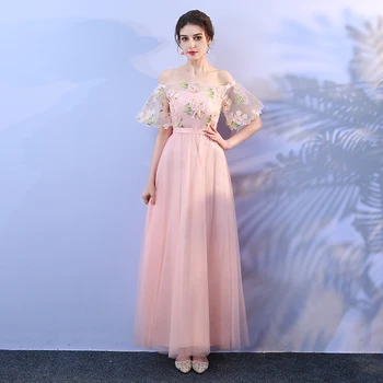 

Sweet A-line Appliques Floral Floor-length Slash Neck New Korean Banquet pink Sister Dresses Performance Women Party Dresses