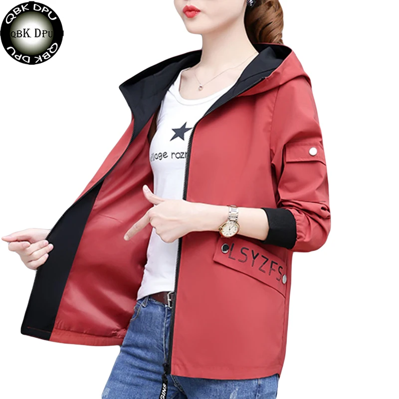 

Plus Size Loose Hooded Jacket Women 2019 Spring Autumn New Fashion Thin Solid Outerwear Casual Baseboll Alphabetic Patter Coat