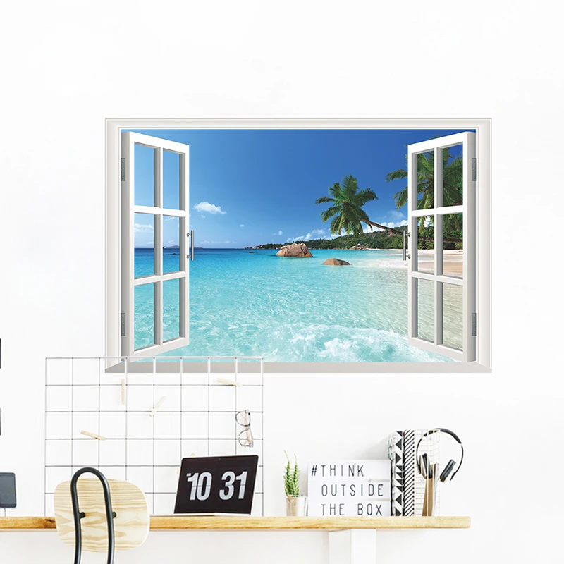 

Coconut Tree Ocean Beach 3D Fake Window Wall Stickers Living Room Decoration Home DIY Sea Landscape Mural Wall Art PVC Poster