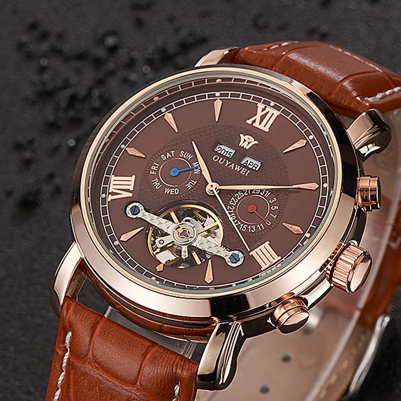 

OUYAWEI brand high-grade leather fully automatic Swiss night light multi-functional men's waterproof business mechanical watch