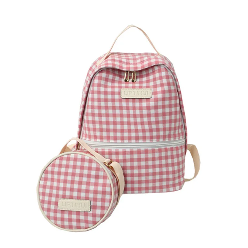 

ACE LOVE Plaid Cotton Fabric Young Girl Backpack 2 Piece Bags Gift Circle Women Shoulder Bag Light Travel Large Female Backpack