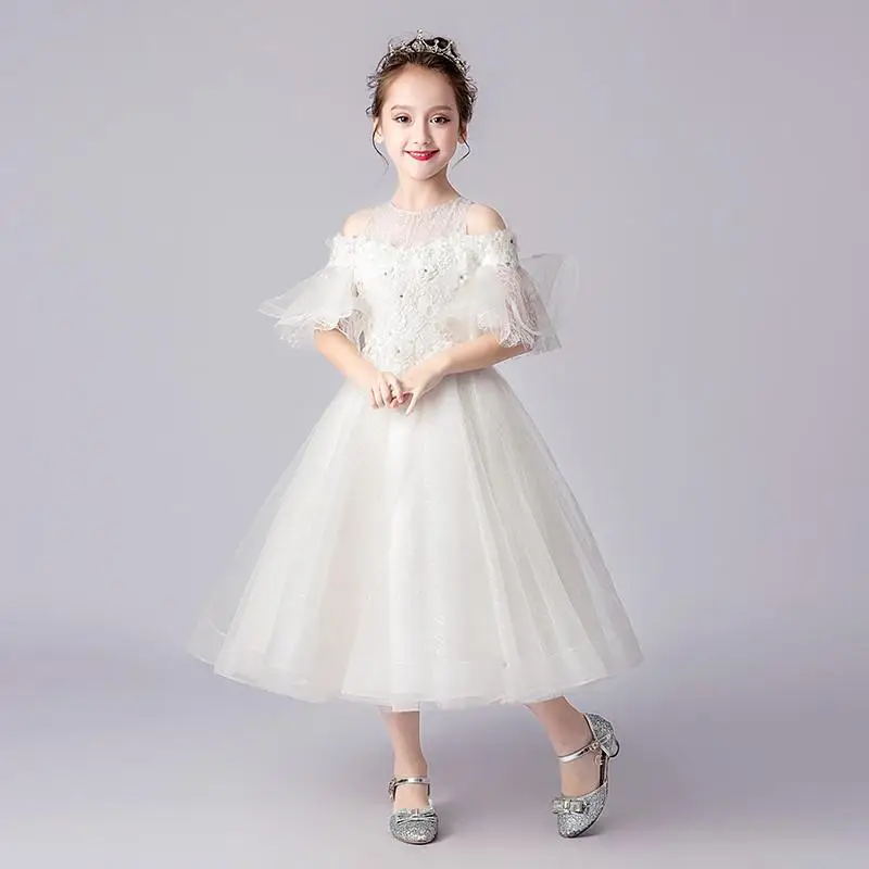 

2019 Kids Girls Elegant Wedding Pageant Dress Children Lace Tulle Princess Birthday Party Dress Teen Girl Beads Prom Gown Q881