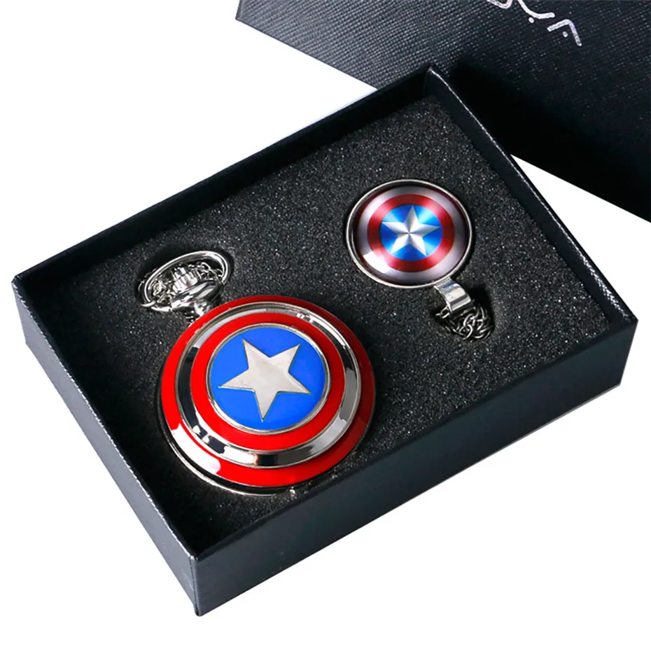 

Antique Silver Pocket Watch Captain American Star Shield Relogio De Bolso Pendant Necklace Clock Set for Men Women Kids