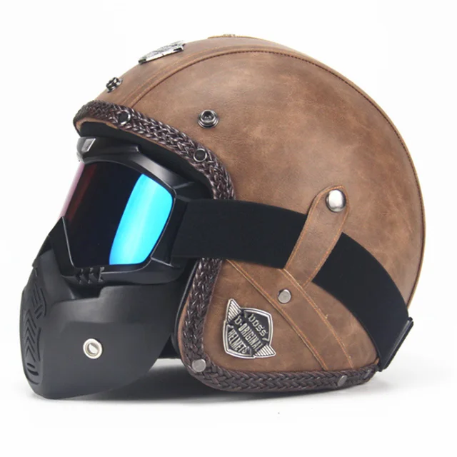 Retro Harley Helmets 3/4 Open Face Motorcycle Helmet PU Leather Vintage