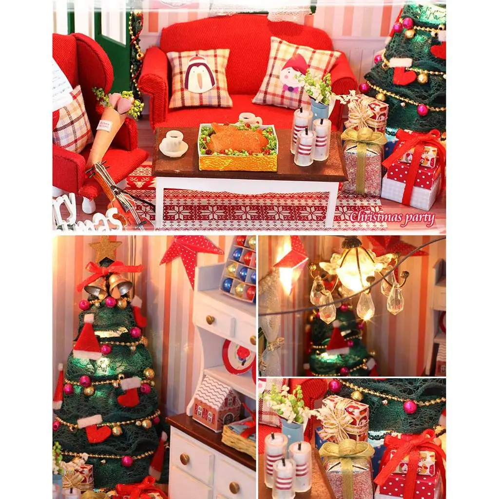 Miniature Dollhouse Kit DIY Wooden Christmas House Model with Lights Educational Toys Xmas Gift for Children Kids