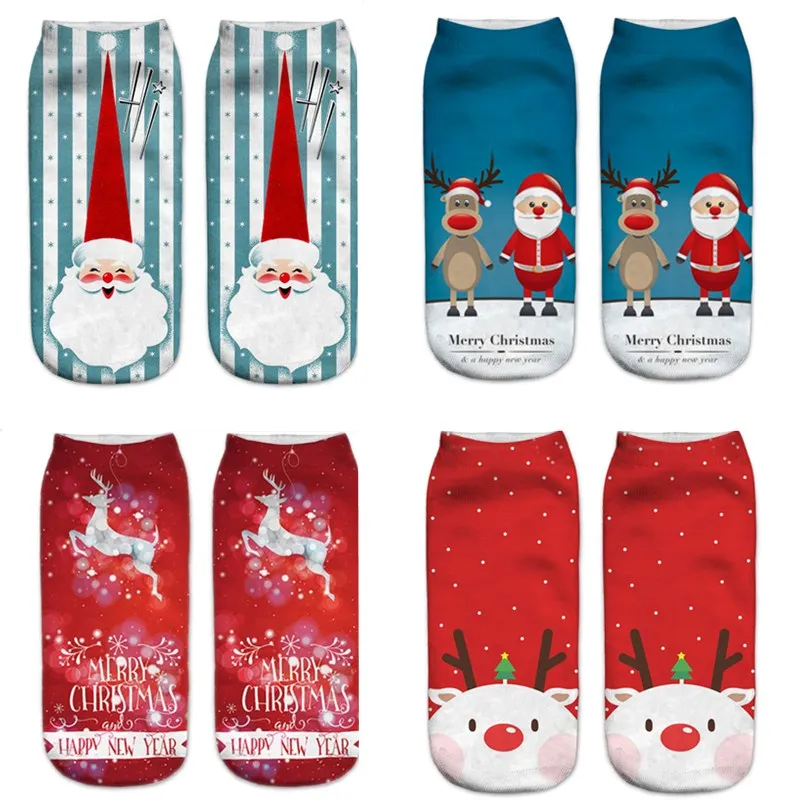 Для женщин 3D нанесени рождественские носки унисекс с рисунком лося Снеговик Санта носки Для женщин Low Cut лодыжки рождественские носки Calcetines