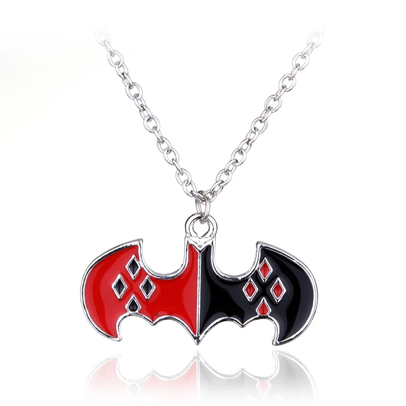 10PCS/Lot Batman Harley Quinn Necklace Fashion Black and Red Enamel Pendant Necklace Steampunk Fine Movie Jewelry Wholesale