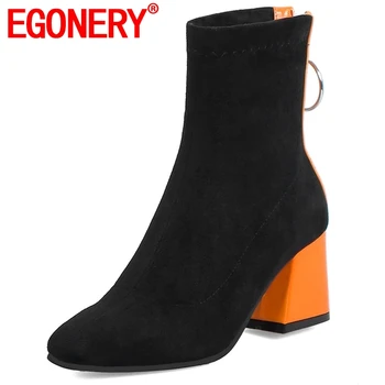 

EGONERY women new fashion ankle boots ladies 2019 winter style back zipper 3 color short boots black red orange party high heels