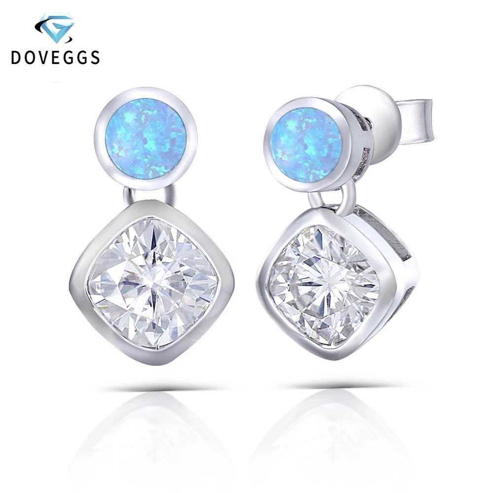 

DovEggs Platinum Plated Silver Sterling 925 6MM Cushion Cut H Color Moissanite and Blue Opal Stud Earrings for Women Wedding