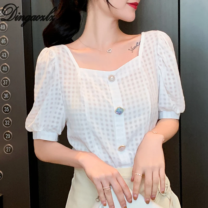 

Dingaozlz Elegant Office lady Tops Women Short Sleeve Slim Famale Plaid shirt Summer Chiffon blouse blusa feminina