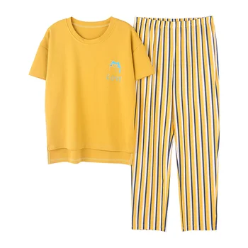 

Summer New Cotton Short Sleeve Top + Long Pant 2 Piece Sets Pajamas Set For Women Cute Sleepwear Girls Pyjama M L XL XXL XXXL