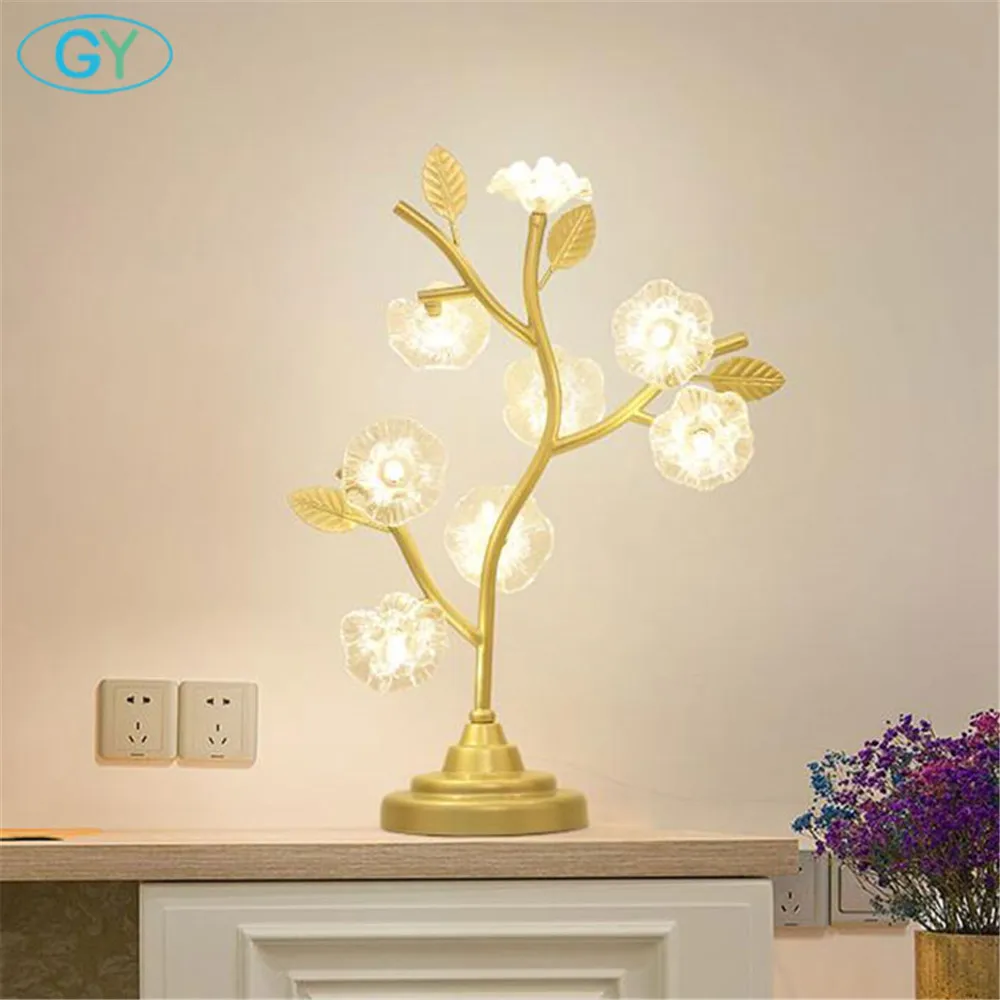 

Modern black gold led desk lamps crystal flower shades decor bedside reading lights, metal tree branch table lights for study