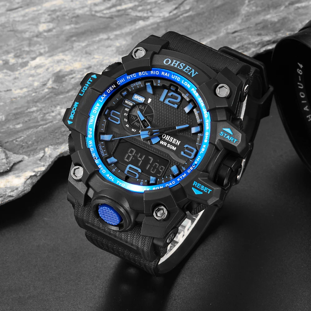 #cheap Fashion Sport Brand OHSEN Digital Male Mens Watch Wristwatch Hombre 50m Swim Blue Rubber Strap Clock Popular Watch Orologio Uomo