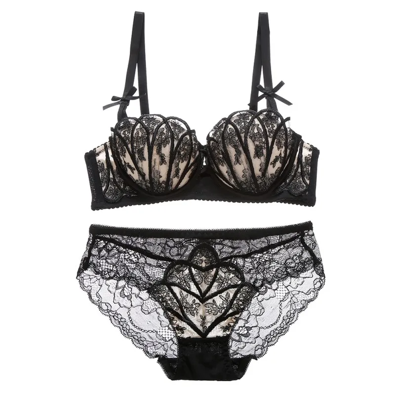 

Women Sexy Lingerie Lace Shell Push Up Steel Ring Padded Gathered Bra + Underwear Set Solid Color 3/4 cup