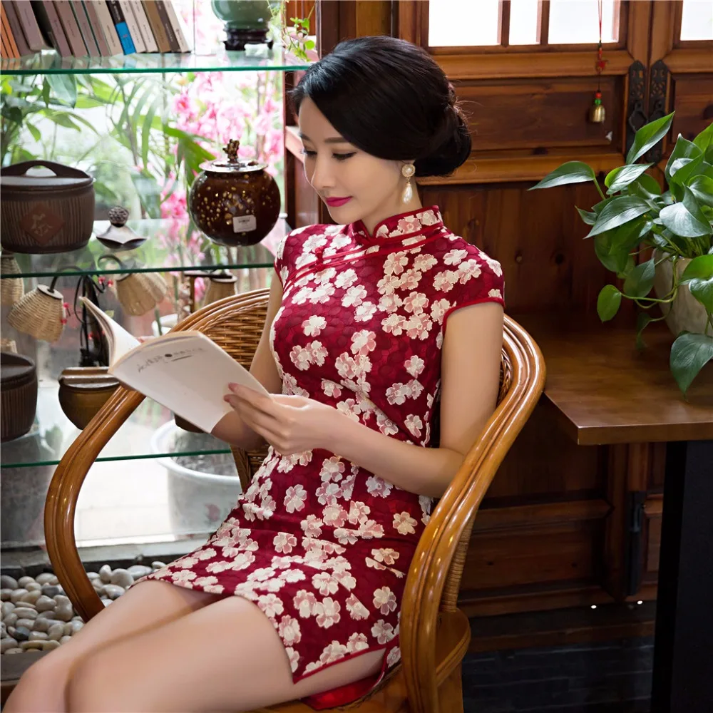 Смесь хлопка короткий рукав платье Чонсам Китая платье Ци Пао Чино Современные платья Цветочные Qipao для женщин