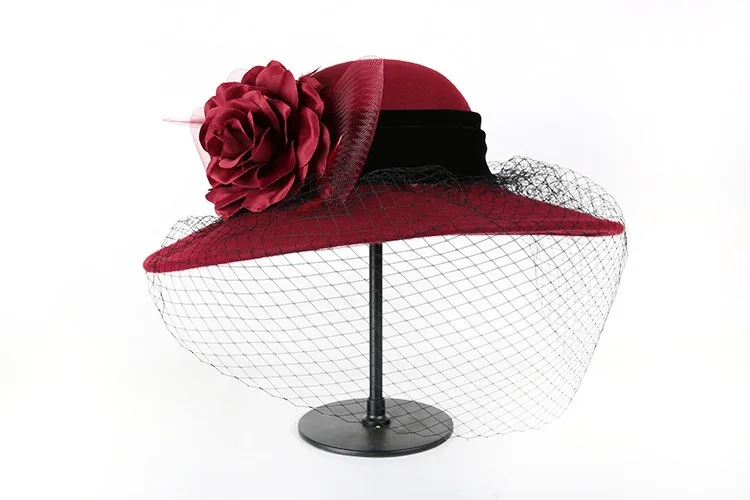 Элегантная Модная классическая шляпа с вуалью, официальная женская шляпа, шерсть, фетровые шляпы, 1920 s, винтажные цветочные шляпы Дерби, церковные шляпы
