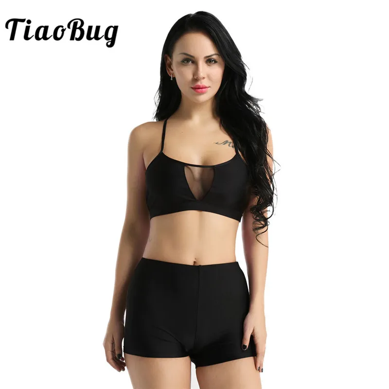 

TiaoBug Women Sleeveless Mesh Splice Gymnastics Ballet Crop Tops with Tight Shorts Set Activewear Adult Sports Fitness Dancewear