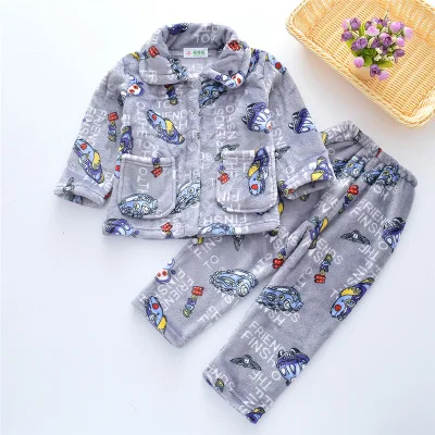 Pijama infantil inverno; детский пижамный комплект из кораллового флиса; пижама с принтом для маленьких мальчиков и девочек; детская фланелевая одежда для сна; пижамы для младенцев - Цвет: Grey Car Pajamas