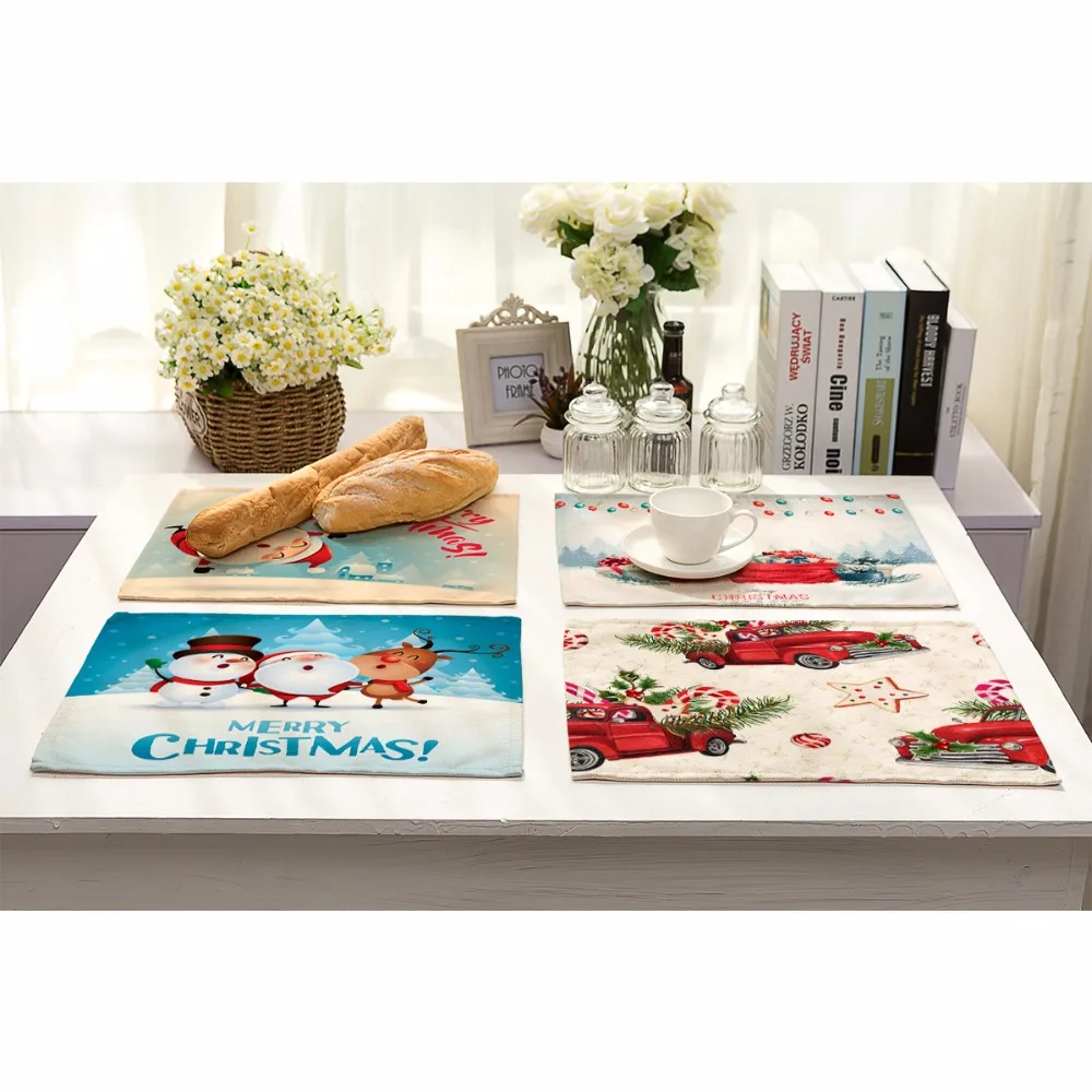 Miracille 2/4/6pieces Set Cotton Linen Placemats Merry Christmas Printed Home Decorative Table Mat Kitchen Accessory Coffee Mat