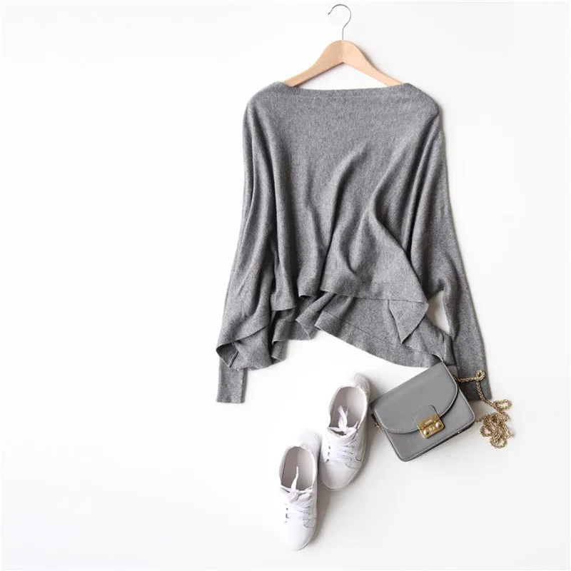 

J91 spring autumn fashion women elegant brief slash neck irregular bottom batwing sleeve sweaters ladies pullover knit tops