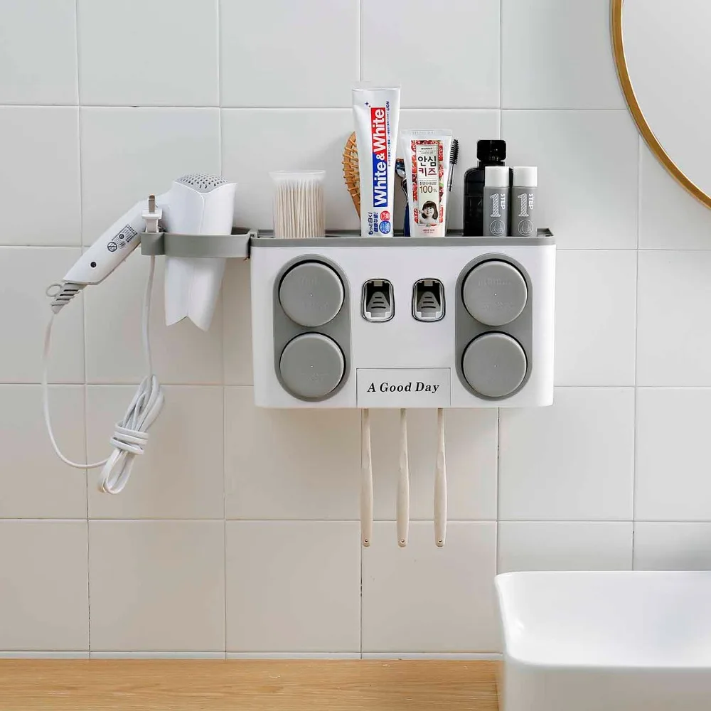 

1 Set Automatic Toothpaste Dispenser Toothbrush Holder with 4Cups Wall Mounted Hair Dryer Holder Bathroom Storage Shelf Rack
