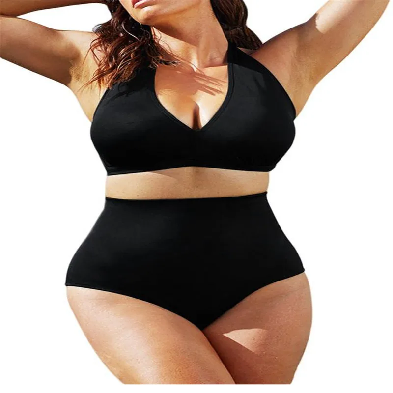 

2017 New Hot Woman Bikinis Set Solid Black High-waisted Halter Bikinis Set Swimsuit Plus size Large Swimwear Set Bikinis Set