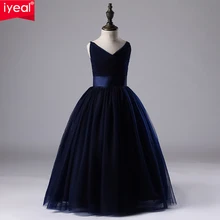 IYEAL/детское свадебное платье для девочек детская брендовая одежда темно-синие платья для девочек детское длинное вечернее платье для подростков