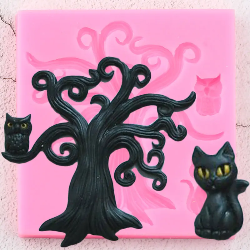 

3D Art Halloween Tree Cat Silicone Mold Owl Cake Decorating Fondant Mold Cupcake Baking Fimo Clay Candy Chocolate Gumpaste Mould