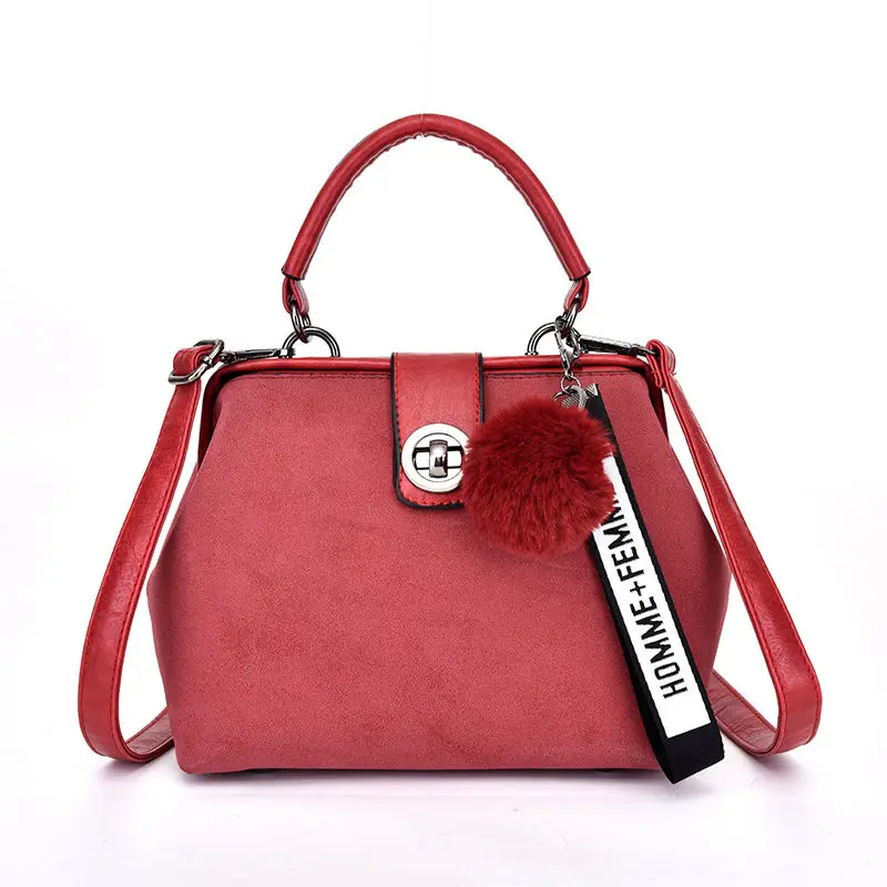 Винтажная женская сумка с помпоном, кожаная сумка через плечо, женская сумка через плечо, ретро Сумочка, сумочка, сумочка известного бренда - Цвет: winered