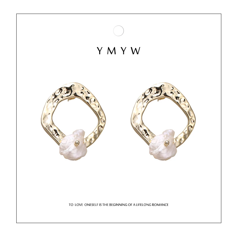 

YMYW Romantic Baroque Round Hollow Geometric Stud Earrings Natural Pearls 16 K Charm Earrings for Women Party Aros Mujer Oreja