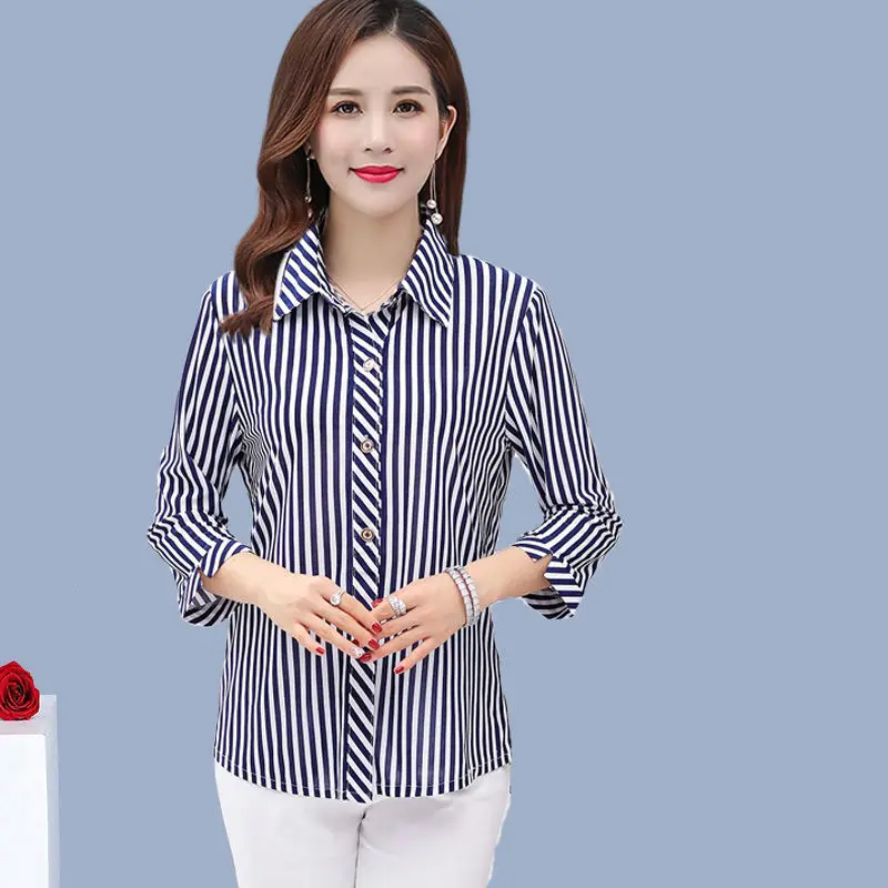 

Mom Chemise Long Sleeve Sexy Stripe Women Tshirt V-Neck Lady Elastic Casual Shirt 2019 Fashion Top Fashion Clothing