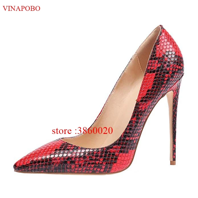 VINAPOBO/женские туфли-лодочки из матовой кожи со змеиным принтом; цвет красный, черный; вечерние туфли на высоком каблуке-шпильке с острым носком; пикантные офисные свадебные туфли - Цвет: 12cm